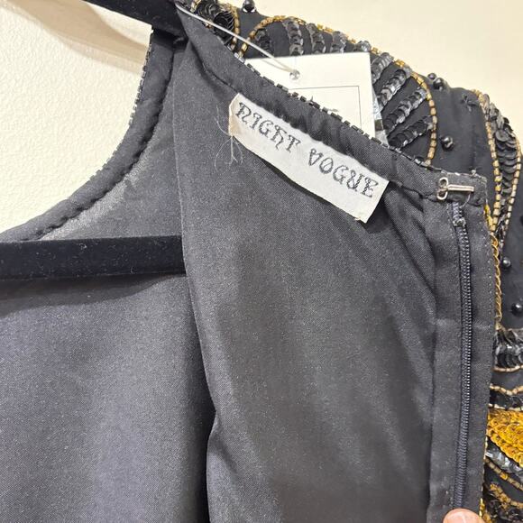 Vintage Black & Gold Beaded Cocktail Dress – Art Deco Sequin Short Sleeve Party - Picture 2 of 9